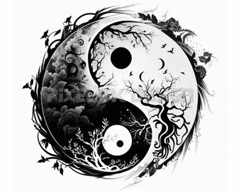 Yin & Yang Tattoo - White background - Download High Resolution Digital Art PNG Transparent Background | Printable SVG Tattoo Stencil