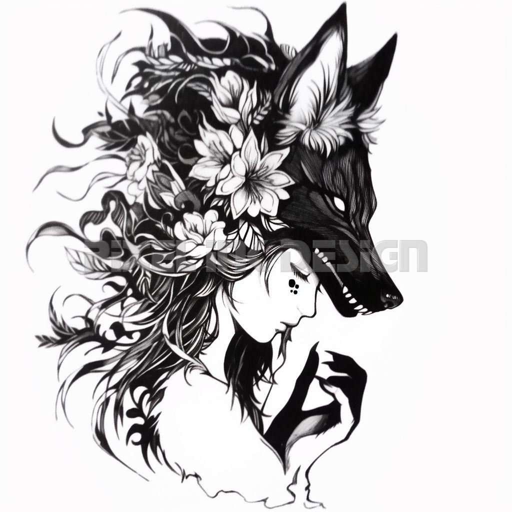 Diseño de tatuaje de chica lobo: PNG de alta resolución, plantilla SVG  (descarga digital), image size:1024x1024