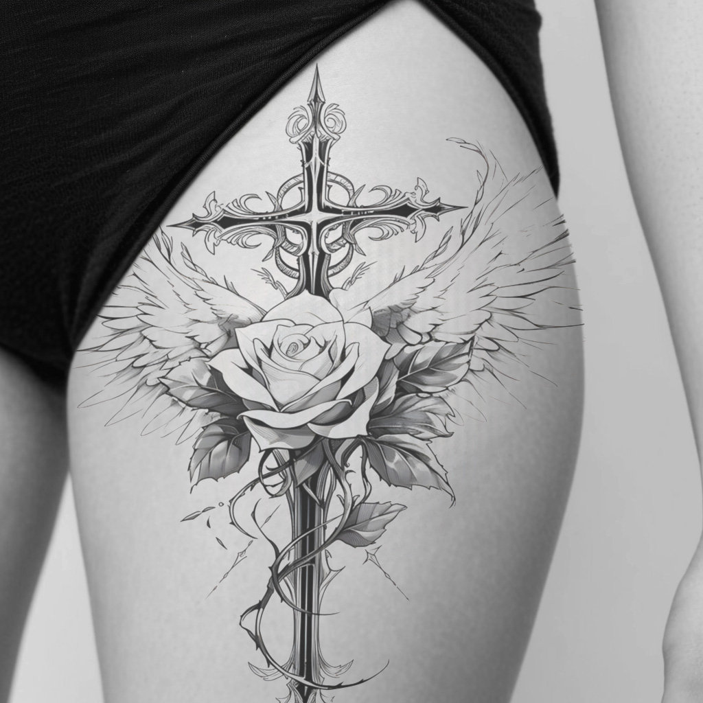 翼とバラの付いた十字架のタトゥーデザイン - 高解像度のデジタルアート PNG 透明背景をダウンロード | 印刷可能な SVG タトゥー ステンシル  - Etsy 日本, image size:1024x1024