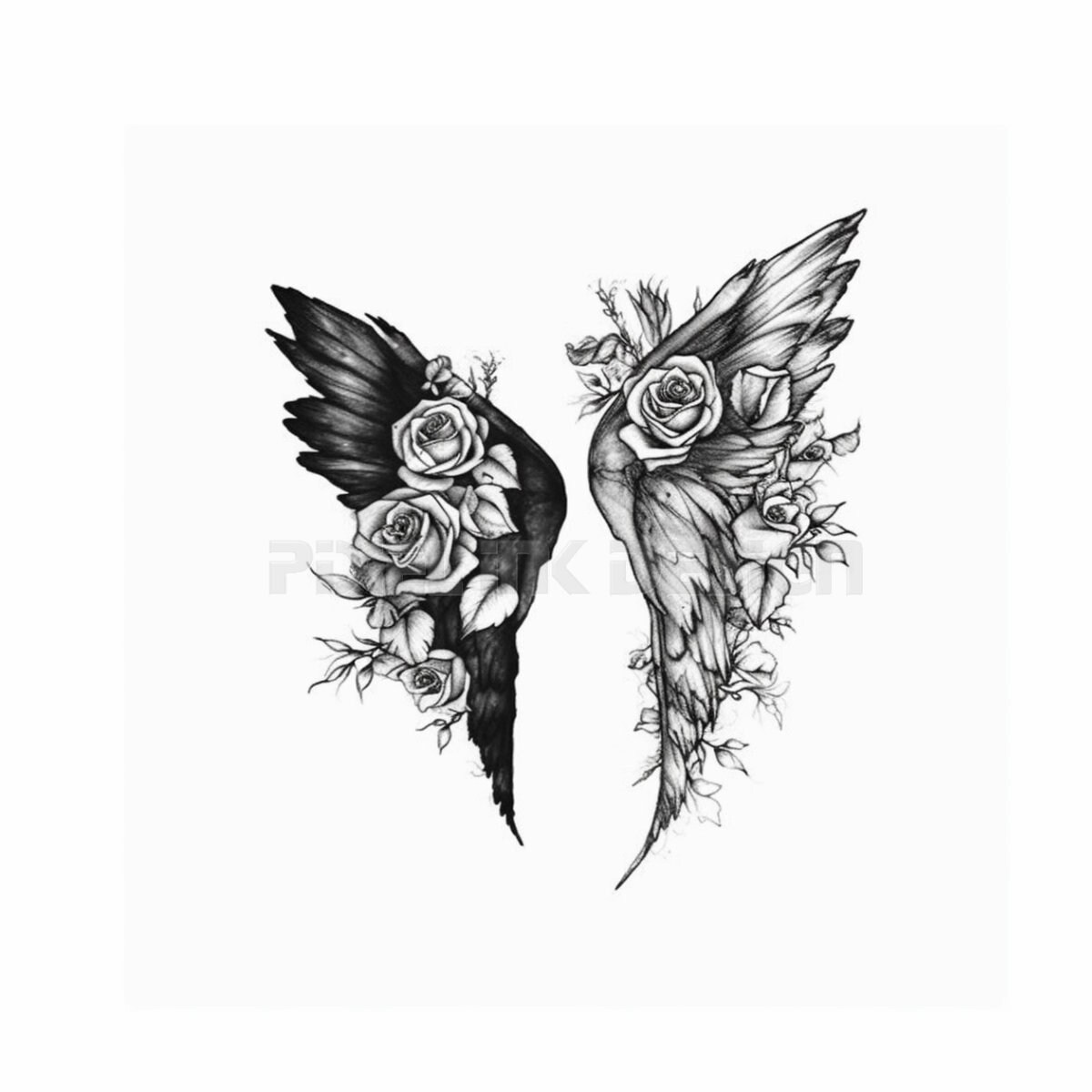 Angel Wings in Floral Style Tattoo Design White Background