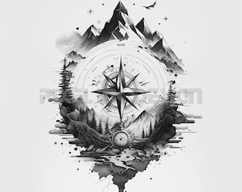 Compass Tattoo Design - Download High Resolution Digital Art PNG Transparent Background | Printable SVG Tattoo Stencil