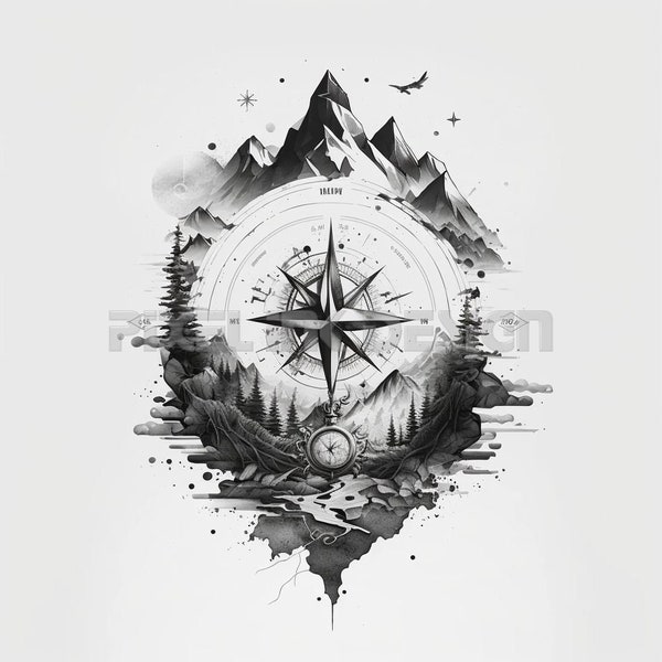 Diseño de tatuaje de brújula: descarga arte digital de alta resolución PNG con fondo transparente o plantilla de tatuaje SVG imprimible.