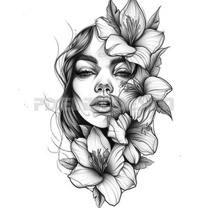 Woman with Flowers Tattoo Design - Download High Resolution Digital Art PNG Transparent Background | Printable SVG Tattoo Stencil