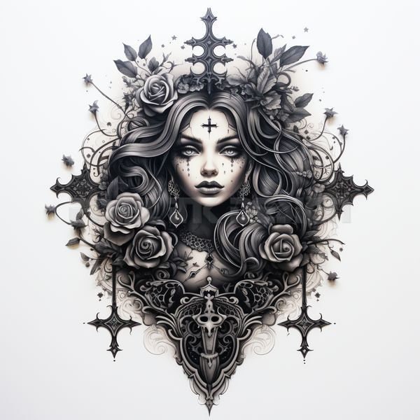 Gothic Woman Tattoo White Background Download Detailed - Etsy