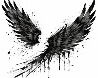 Diseño de tatuaje de alas de ángel en estilo de tinta: descarga arte digital de alta resolución PNG fondo transparente / plantilla de tatuaje SVG imprimible