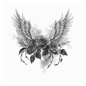 Roses with Wings Tattoo Design - Download High Resolution Digital Art PNG Transparent Background | Printable SVG Tattoo Stencil