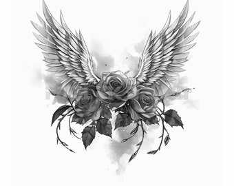 Roses with Wings Tattoo Design - Download High Resolution Digital Art PNG Transparent Background | Printable SVG Tattoo Stencil