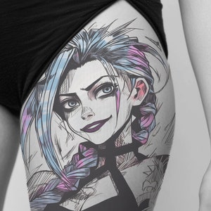 May include: A black and white line drawing of a woman with blue and pink hair. The woman is looking directly at the viewer with a smirk on her face. The drawing is on a person's leg.
