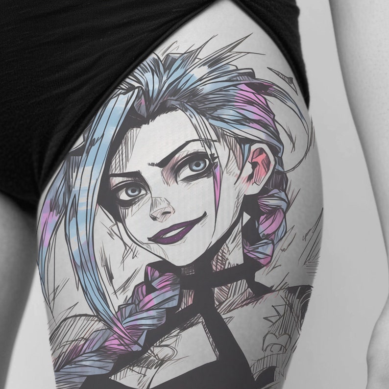 May include: A black and white line drawing of a woman with blue and pink hair. The woman is looking directly at the viewer with a smirk on her face. The drawing is on a person's leg.