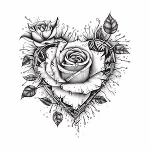 Rose in Heart Shape Tattoo Design - Download High Resolution Digital Art PNG Transparent Background | Printable SVG Tattoo Stencil