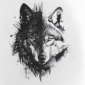 Black and White Wolf Tattoo Design - White background - High Resolution Digital PNG Art on White Background | Printable SVG Tattoo Stencil