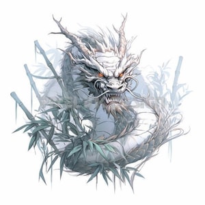 Chinese Dragon in Bamboos Tattoo Design - Transparent background - Download Detailed High Resolution Image PNG File and Light JPG File
