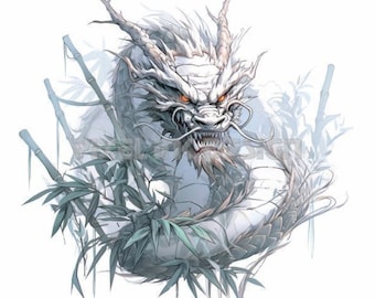 Chinese Dragon in Bamboos Tattoo Design - Transparent background - Download Detailed High Resolution Image PNG File and Light JPG File