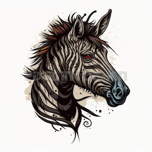 Puede incluir: Una ilustración de la cabeza de una cebra en blanco y negro con ojos rojos y nariz azul. La crin del cebra es una mezcla de negro y naranja. El fondo es un lienzo blanco con salpicaduras negras.