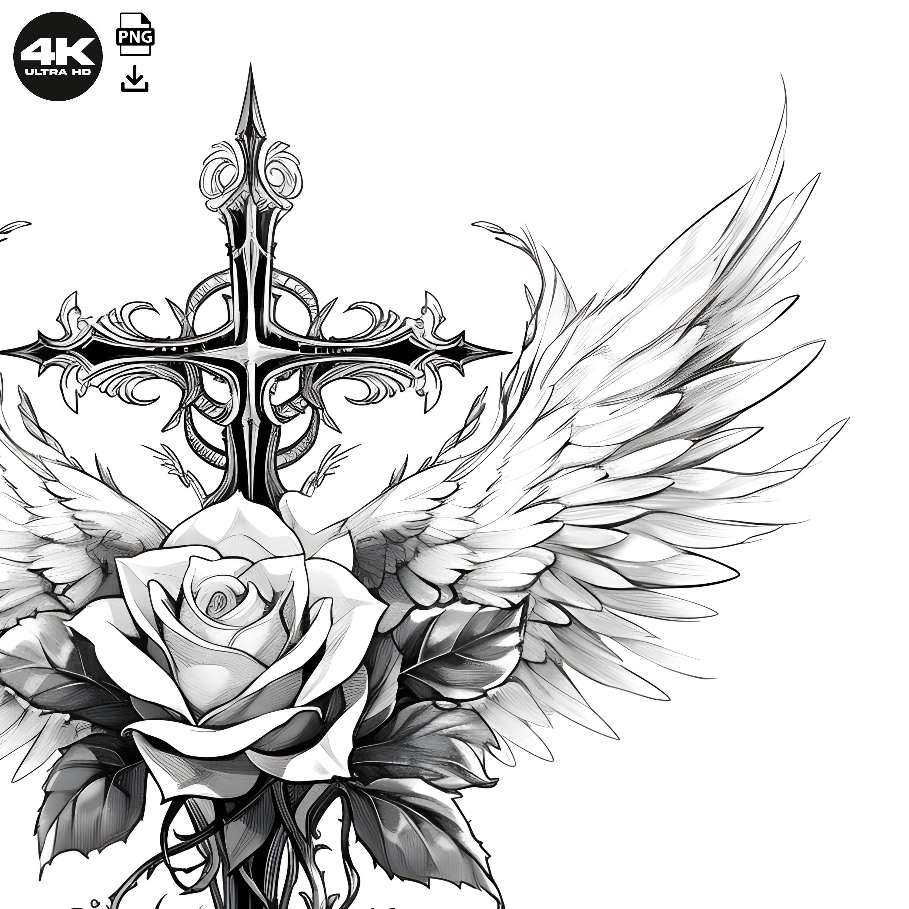 Cross With Wings and Rose Tattoo Design Detailed High Resolution ...