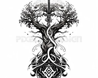 Celtic Tree Tattoo Design - Download High Resolution Digital Art PNG Transparent Background | Printable SVG Tattoo Stencil