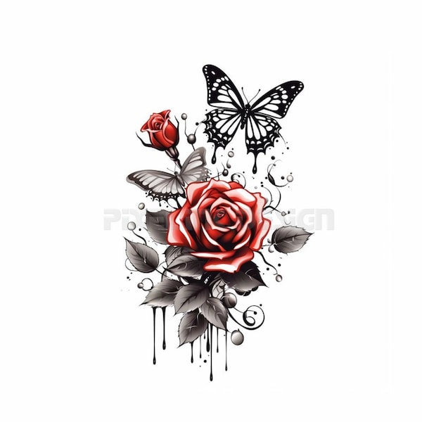 Red Roses with Butterflies Tattoo - White background - High Resolution Digital PNG Art on White Background | Printable SVG Tattoo Stencil