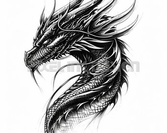 Black Dragon Tattoo Design - Download High Resolution Digital Art PNG Transparent Background | Printable SVG Tattoo Stencil