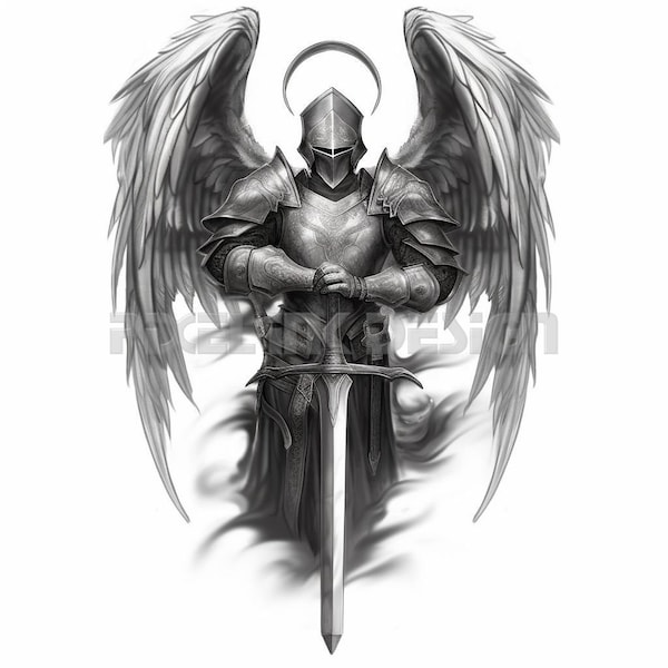 Angel Knight Tattoo Design - Download hoge resolutie digitale kunst PNG transparante achtergrond | Afdrukbare SVG-tattoo-stencil