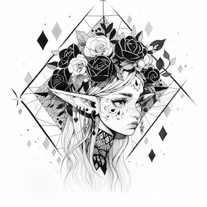 Geometric Elf Tattoo Design - Download High Resolution Digital Art PNG Transparent Background | Printable SVG Tattoo Stencil
