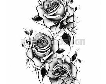 Roses Flowers Tattoo - White background - Download High Resolution Digital Art PNG Transparent Background | Printable SVG Tattoo Stencil