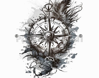 Diseño de tatuaje de brújula: descarga arte digital de alta resolución PNG fondo transparente / plantilla de tatuaje SVG imprimible