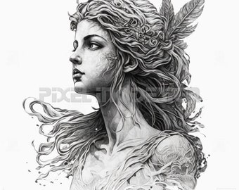 Aphrodite Goddess of Love Tattoo Design - Download High Resolution Digital Art PNG Transparent Background | Printable SVG Tattoo Stencil