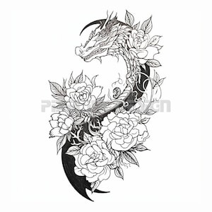 Floral Dragon Tattoo Design - Download High Resolution Digital Art PNG Transparent Background | Printable SVG Tattoo Stencil