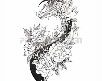 Floral Dragon Tattoo Design - Download High Resolution Digital Art PNG Transparent Background | Printable SVG Tattoo Stencil