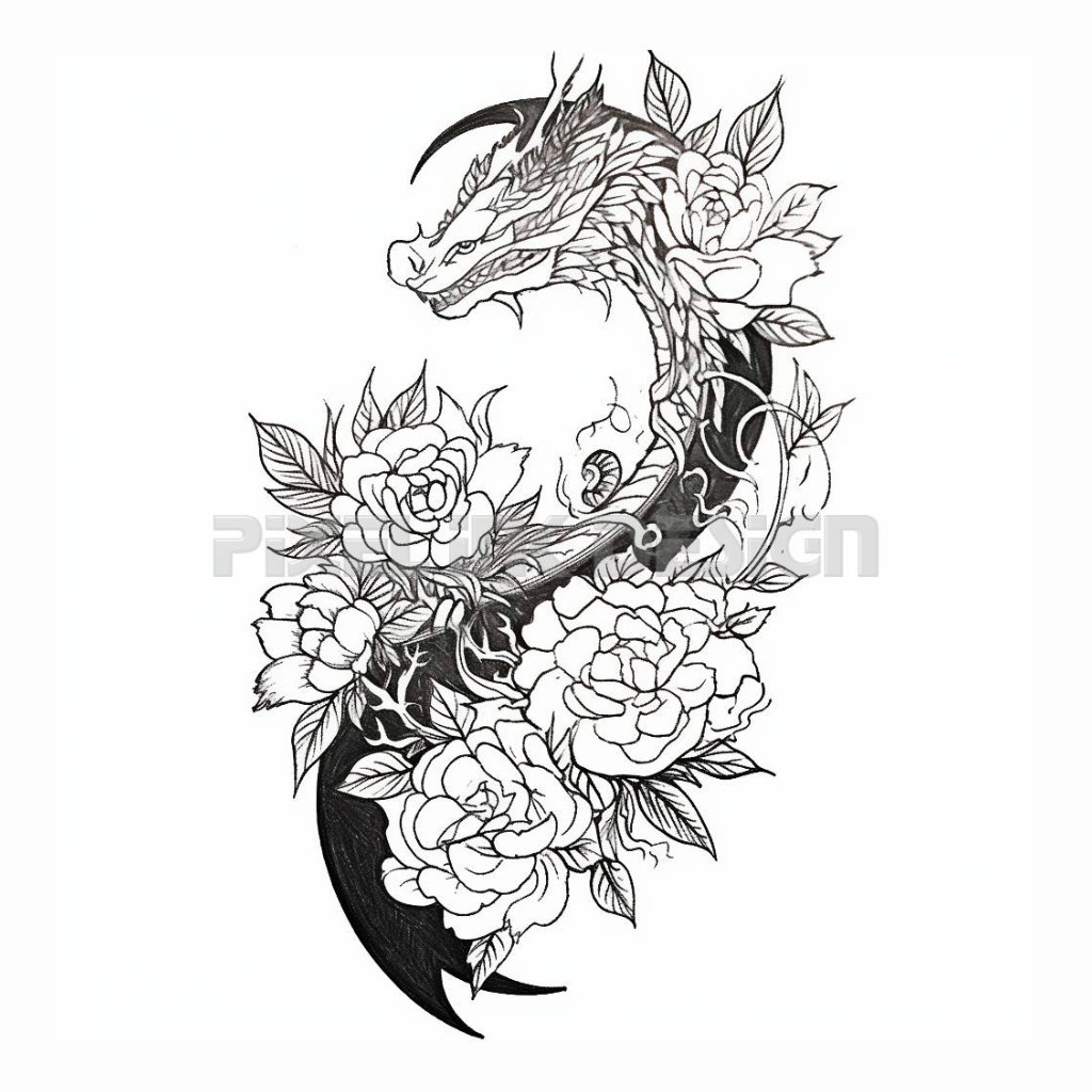 floral-dragon-tattoo-design-download-high-resolution-digital-art-png-transparent-background-printable-svg-tattoo-stencil-etsy