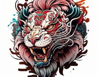 Chinese Lion Tattoo Design - Download High Resolution Digital Art PNG Transparent Background | Printable SVG Tattoo Stencil