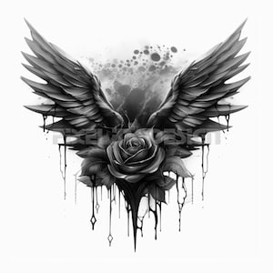 Rose with Wings Tattoo Design - Download High Resolution Digital Art PNG Transparent Background | Printable SVG Tattoo Stencil