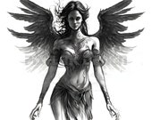 Angel Woman Tattoo Design - Download High Resolution Digital Art PNG Transparent Background | Printable SVG Tattoo Stencil