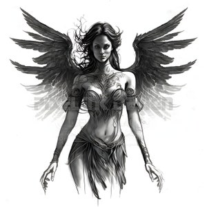 Diseño de tatuaje de mujer ángel: descarga arte digital de alta resolución PNG fondo transparente / plantilla de tatuaje SVG imprimible