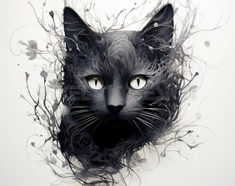 Black Cat Tattoo Design - Download High Resolution Digital Art PNG Transparent Background | Printable SVG Tattoo Stencil