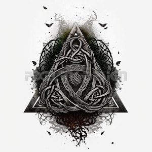 May include: A black and white illustration of a Celtic knot design in the shape of a triangle. The knot is intricate and detailed, and the background is a swirling pattern of leaves and vines.