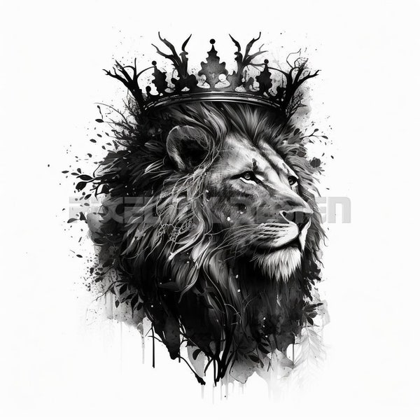 Lion with a Crown Tattoo Design - Download High Resolution Digital Art PNG Transparent Background | Printable SVG Tattoo Stencil