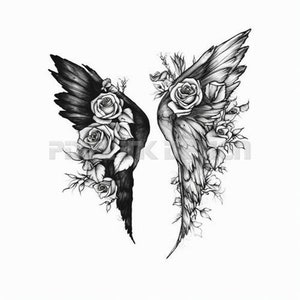 Engelenvleugels in bloemenstijl tattoo-ontwerp: download met hoge resolutie digitale kunst, png transparante achtergrond | Afdrukbare SVG-tatoeagesjabloon