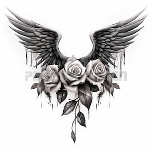 Wings with Roses Tattoo Design - Download High Resolution Digital Art PNG Transparent Background | Printable SVG Tattoo Stencil