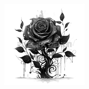 Black Rose with Leafs Tattoo Design - Download High Resolution Digital Art PNG Transparent Background | Printable SVG Tattoo Stencil