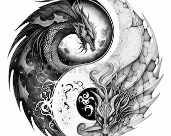 Yin & Yang Dragons Tattoo Design - Download High Resolution Digital Art PNG Transparent Background | Printable SVG Tattoo Stencil