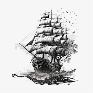 Sailing Ship Tattoo Design - Download High Resolution Digital Art PNG Transparent Background | Printable SVG Tattoo Stencil