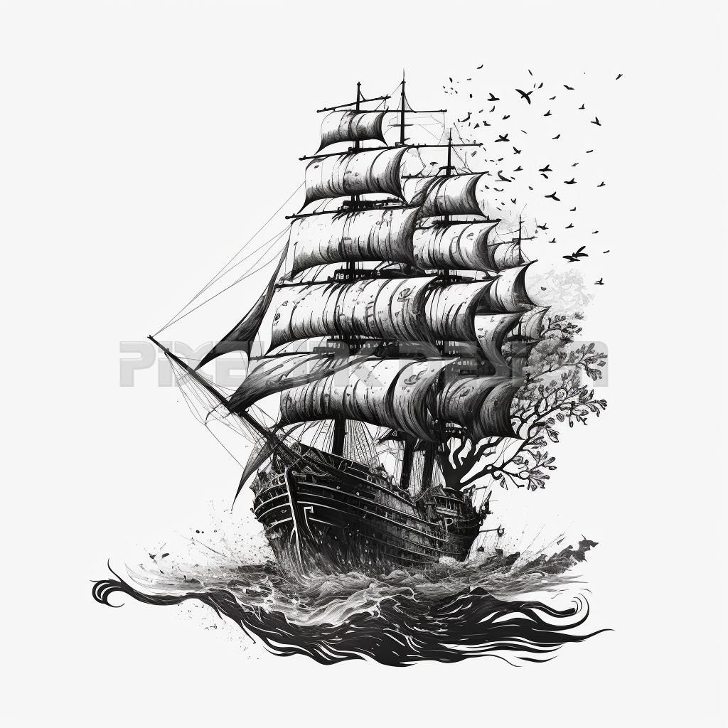 Pirate ship drawing, Ship tattoo, Boat drawing