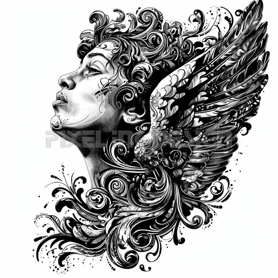 Diseño de tatuaje de mujer ángel: descarga arte digital de alta resolución  PNG fondo transparente / plantilla de tatuaje SVG imprimible - Etsy México, image size:1080x1080