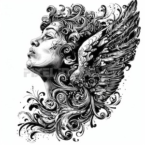 Angel Woman Tattoo Design - Download High Resolution Digital Art PNG Transparent Background | Printable SVG Tattoo Stencil