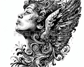 Diseño de tatuaje de mujer ángel: descarga arte digital de alta resolución PNG fondo transparente / plantilla de tatuaje SVG imprimible