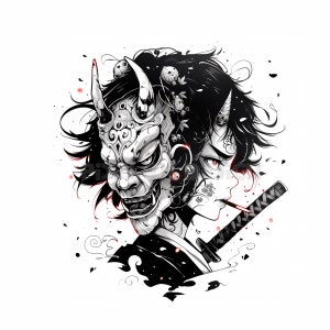 Young Samurai with a Mask Tattoo Design Download High Resolution Digital Art PNG Transparent Background Printable SVG Tattoo Stencil image 1