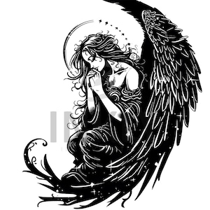 Angel Woman Tattoo Design - Download High Resolution Digital Art PNG Transparent Background | Printable SVG Tattoo Stencil