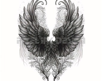 Diseño de tatuaje de alas de ángel: descarga arte digital de alta resolución PNG fondo transparente / plantilla de tatuaje SVG imprimible