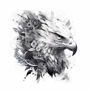 Diseño de tatuaje de águila floral - Fondo transparente - Descargar archivo PNG de imagen de alta resolución detallada